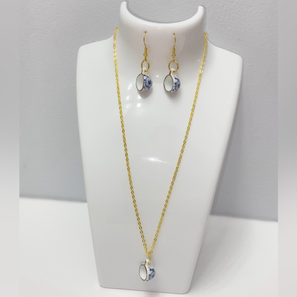 Ceramic Tea Cup Gold Necklace and Earring Set ☕️